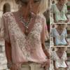 Women T-shirt V-Neck Short Sleeve 3D Imitation Jacquard Flower Decor Pullover Tops Loose Fit