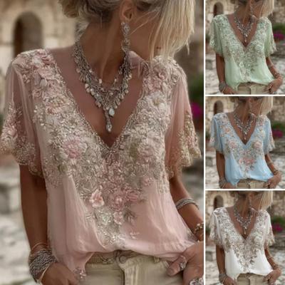 Women T-shirt V-Neck Short Sleeve 3D Imitation Jacquard Flower Decor Pullover Tops Loose Fit Summer Blouse Daily Wear