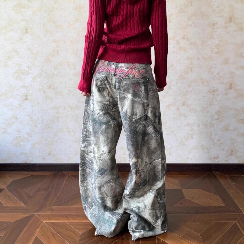 Womens Relaxed Fit Distressed Embroidered Letter Camo Denim Pants High Waist Baggy Cargo Style Streetwear