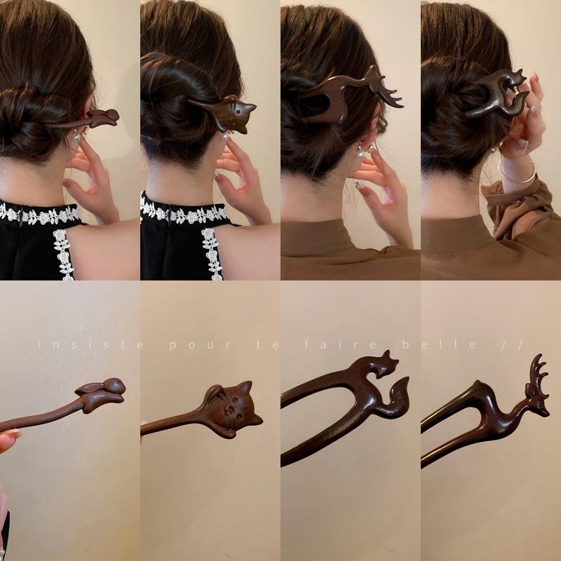 New Chinese fox deer artificial wooden hairpin simple temperament Guochao hairpin niche retro personalized hair accessories women