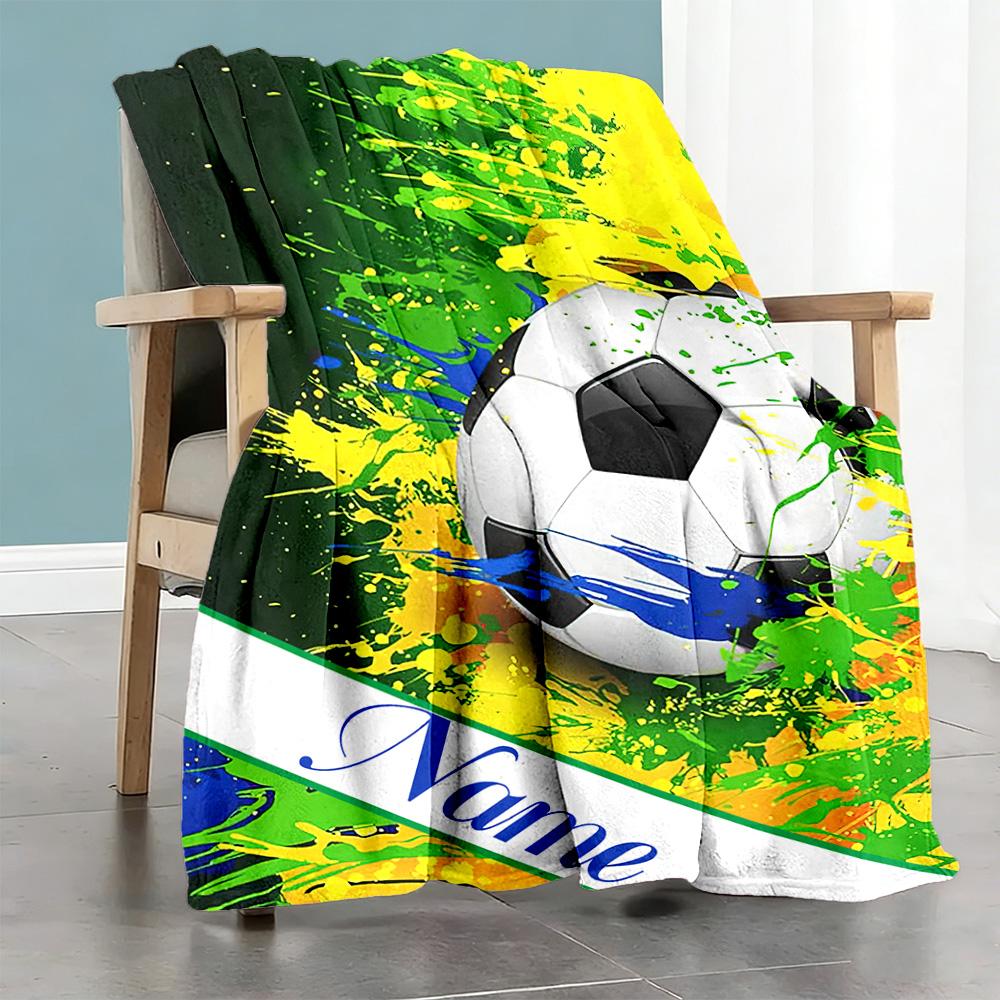 Green Spray Football Customize Your Name Blanket Multi-purpose Personalized Blanket Soft Warm Cozy Versatile for Seaside Bed Living Room Nap