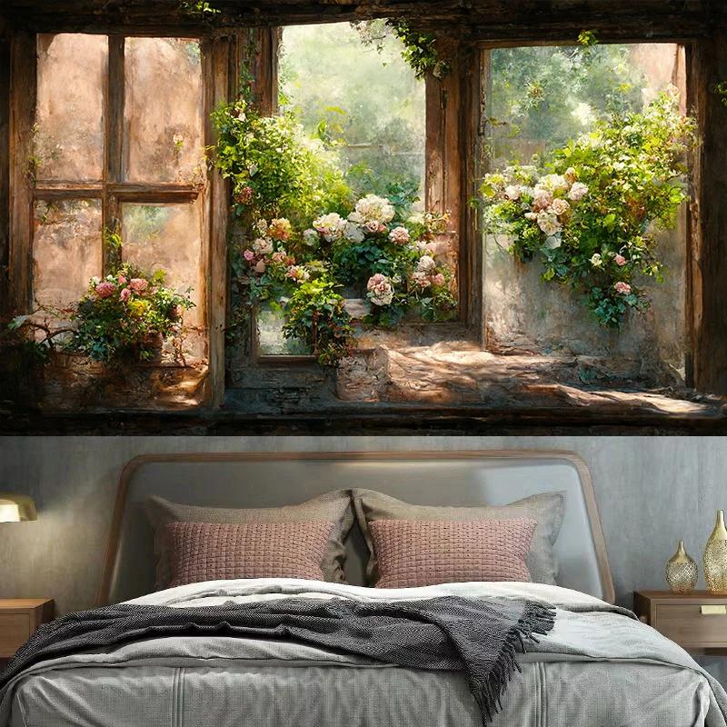 Vintage Garden Window Sill Floral Tapestry Wall Art Decoration Background Cloth Room Aesthetic  Home
