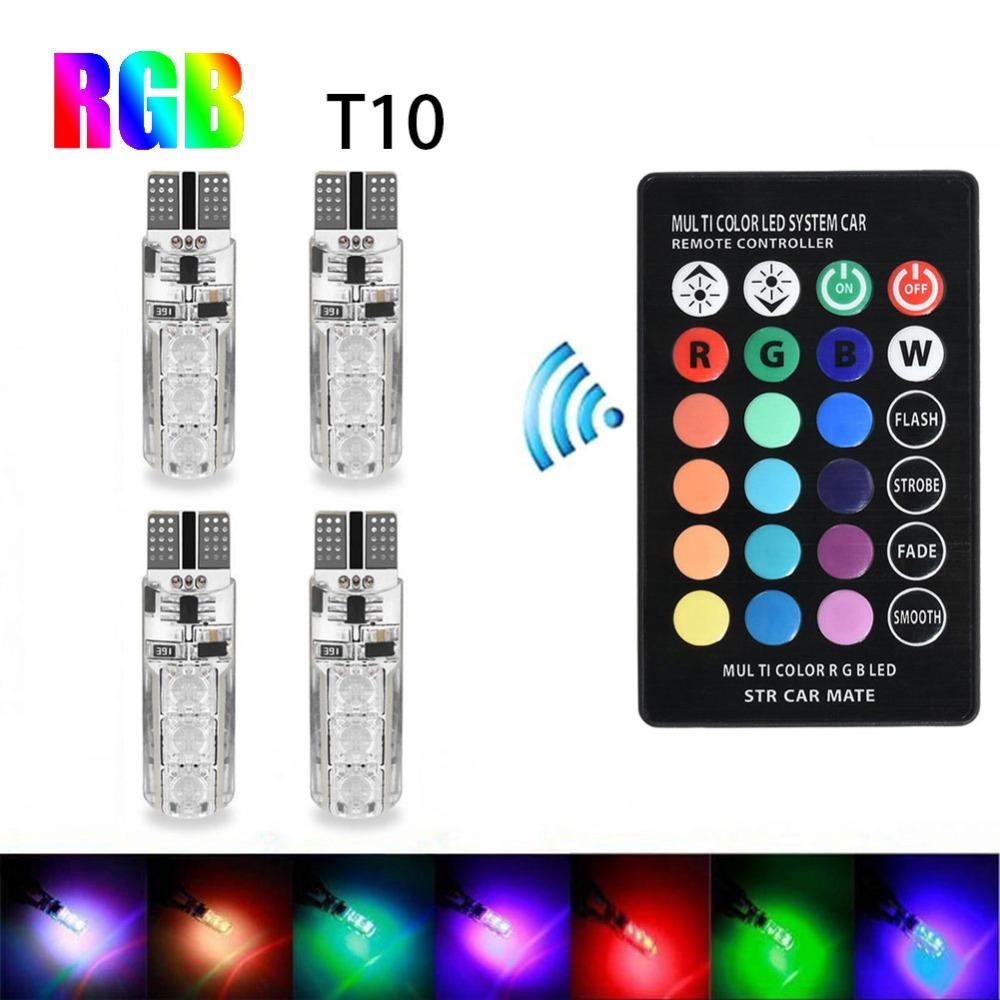4PCS Car Signal Atmosphere Bulb T10 5050 6SMD Waterproof W5W Remote Controller RGB 194 168 Dome Light Silicone Wedge Side DC 12V