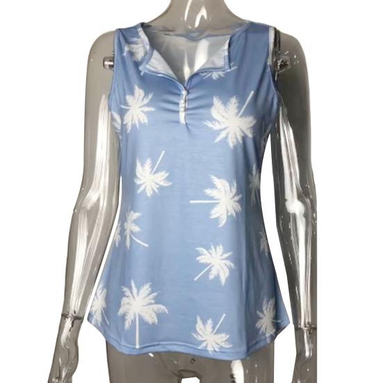 V-Ausschnitt, Knöpfe, Ausschnitte, ärmellose Weste, süßes Damen-Tanktop mit Kokosnussbaummuster
