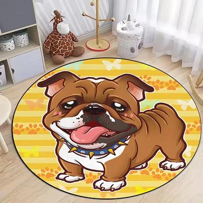 Kawaii Cartoon French Bulldog Schnauzer Dog Round Carpet Star Paw Print Decor Soft Rug for Kids Bedroom Playroom Home Decor
