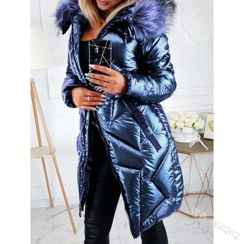European & American Mid-Length Shiny PU Fur Collar Slim Fit Cotton Jacket 2024 - Fashionable, Warm Coat for Women.