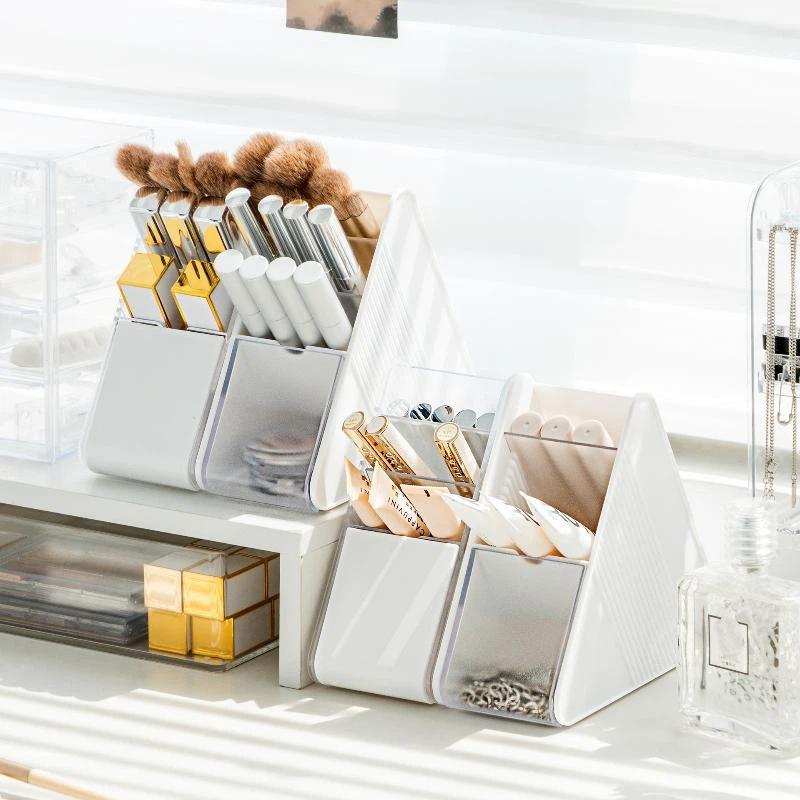 Plastic Slanted Pen Holder Multi Compartments Clear Slots Durable Desk Organizer for Home Office School Student Stationery Storage