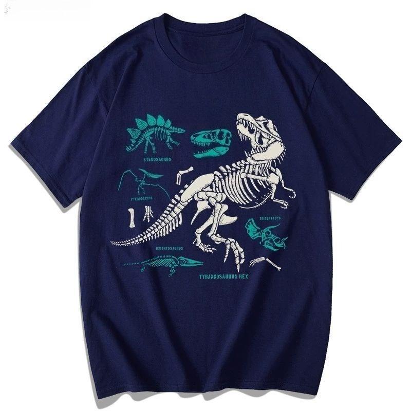 2025 Autumn Fashionable and Comfortable Cotton T-shirt Dinosaur Skeleton Printing Men's and Women's Plus Size Couple T-shirt