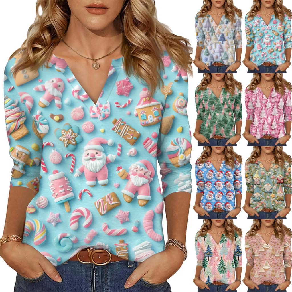 Women's Casual Fashionable Sexy Comfortable V-Neck Christmas Three-Quarter Sleeve Top