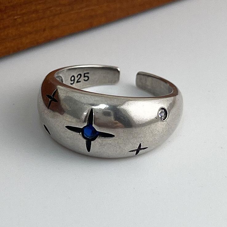 925 Sterling Silver Rings For Women Geometric Fine Jewelry Adjustable Simple Wide Black Stone Retro Ring For Party Birthday Gift