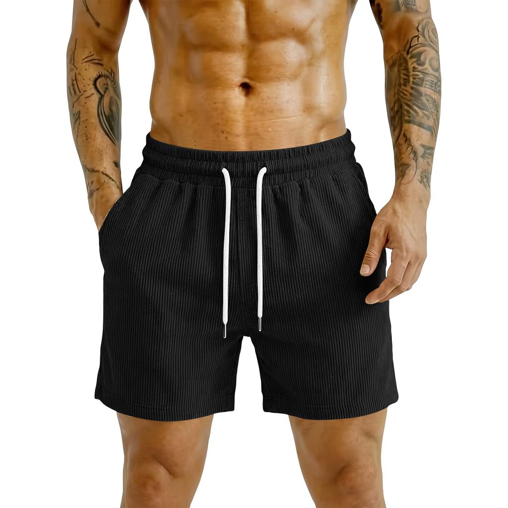 Men Corduroy Casual Shorts Elastic Waist Drawstring Loose Fit Outdoor Sports Beach Shorts with Pockets for Summer