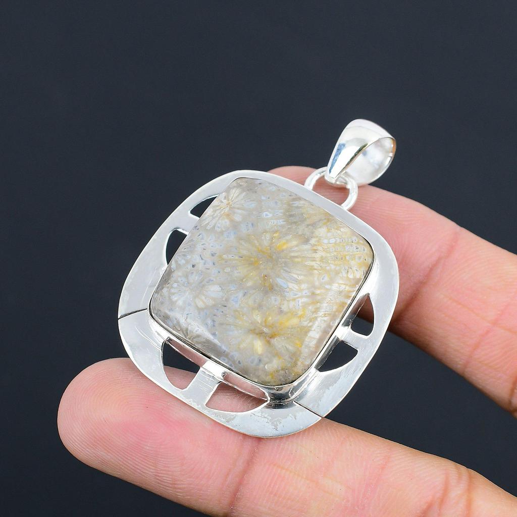 Natural Fossil Coral Gemstone Jewelry 925 Sterling Silver Pendant For Women
