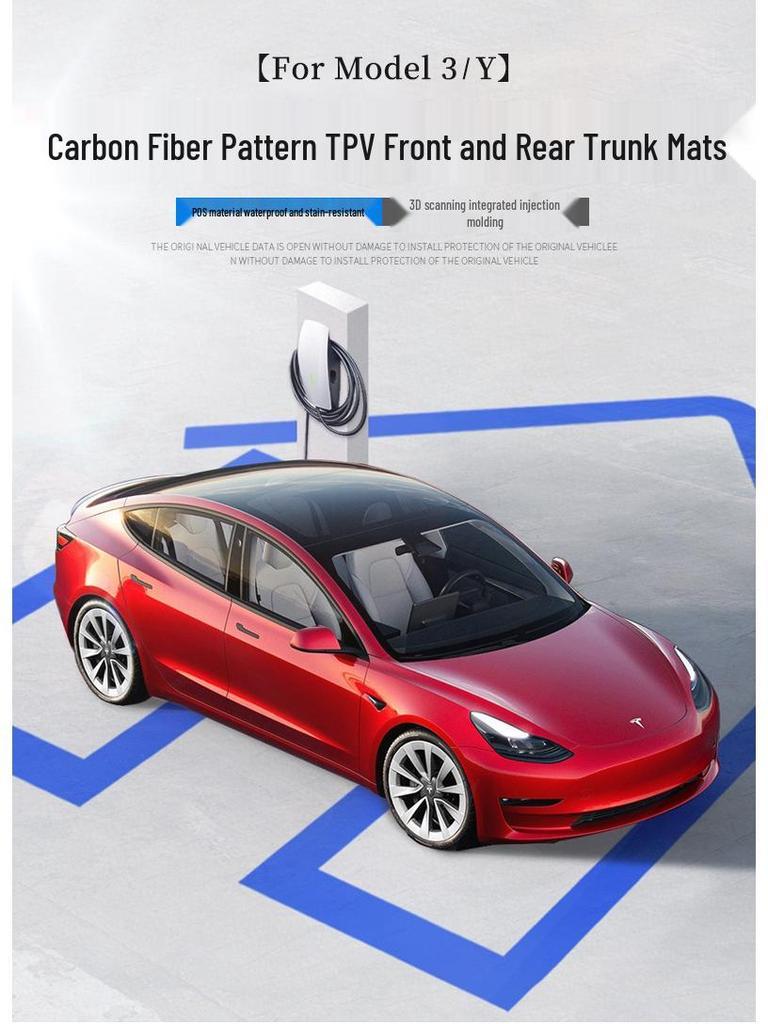 Tesla Model 3 & Y Carbon Fiber Texture Trunk Mats: Eco-friendly, Waterproof TPV Mats for Front & Rear.