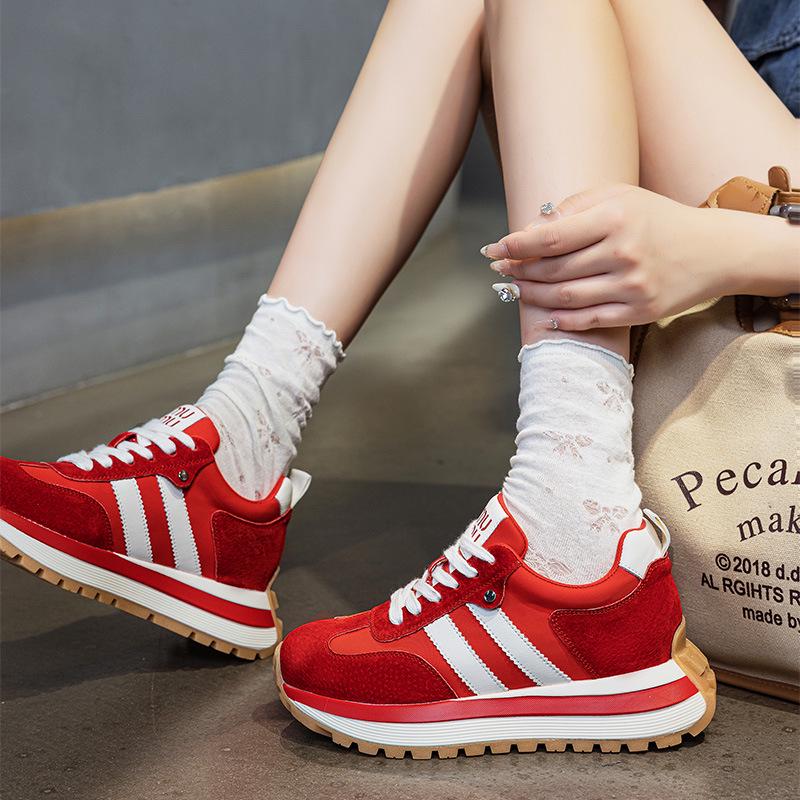 6cm Retro Sport Forrest Gump Women's Shoes - Autumn 2025 Red Ankara Leather Round Toe Color Block Casual Sneakers.