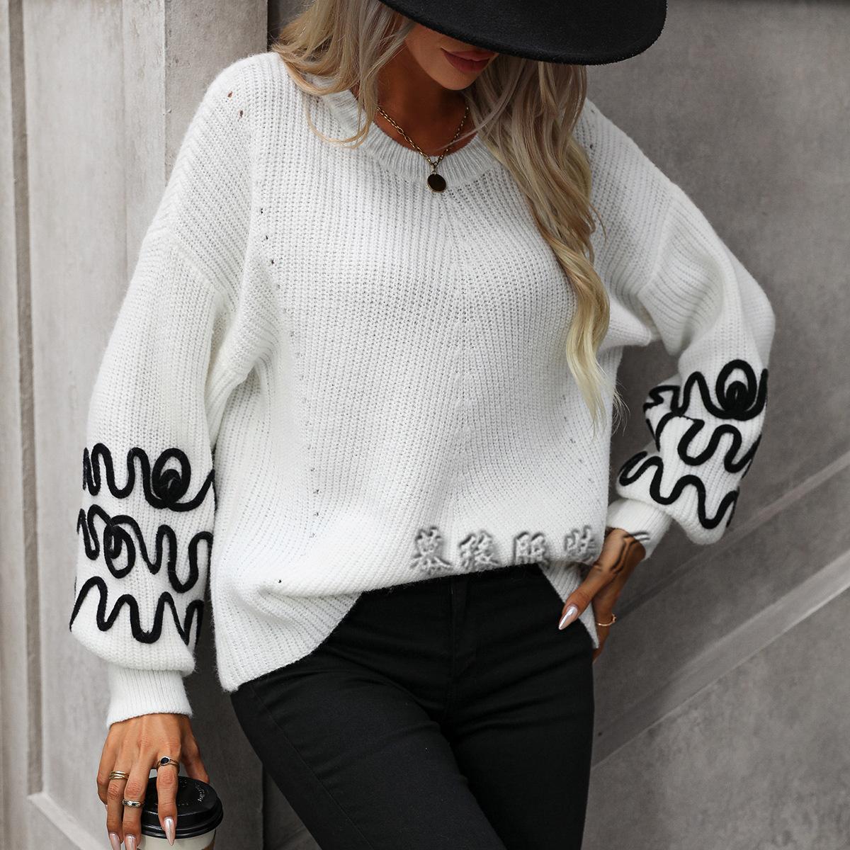 Women s Design Pattern Pullover Knitted Sweater Round Neck Loose Sweater XL белый 2979₽
