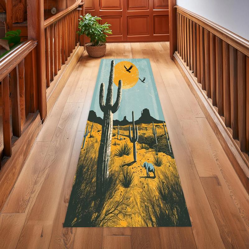 

Retro Sunset Cactus Long Runner Rug Vibrant Color-block Print Durable Wear-resistant Non-slip Carpet for Hallway Entryway 40X120CM