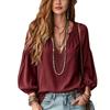 Women Solid Color V Neck Lantern Sleeve Blouse Casual Loose Fit Long Sleeve Top