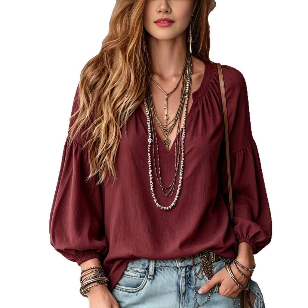 Women Solid Color V Neck Lantern Sleeve Blouse Casual Loose Fit Long Sleeve Top
