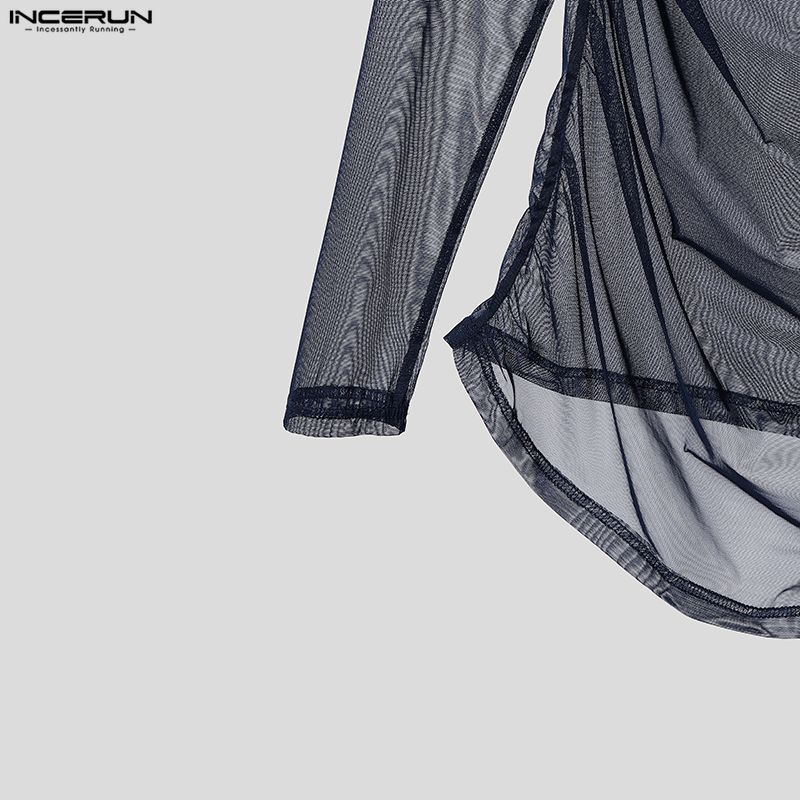 INCERUN Men Long Sleeve Ruffled See Through Mesh Party Tops T-Shirts