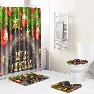 Christmas Shower Curtain Floor Mat Combination Four-Piece Set Bathroom Toilet Carpet Shower Room Mat Foot Mat