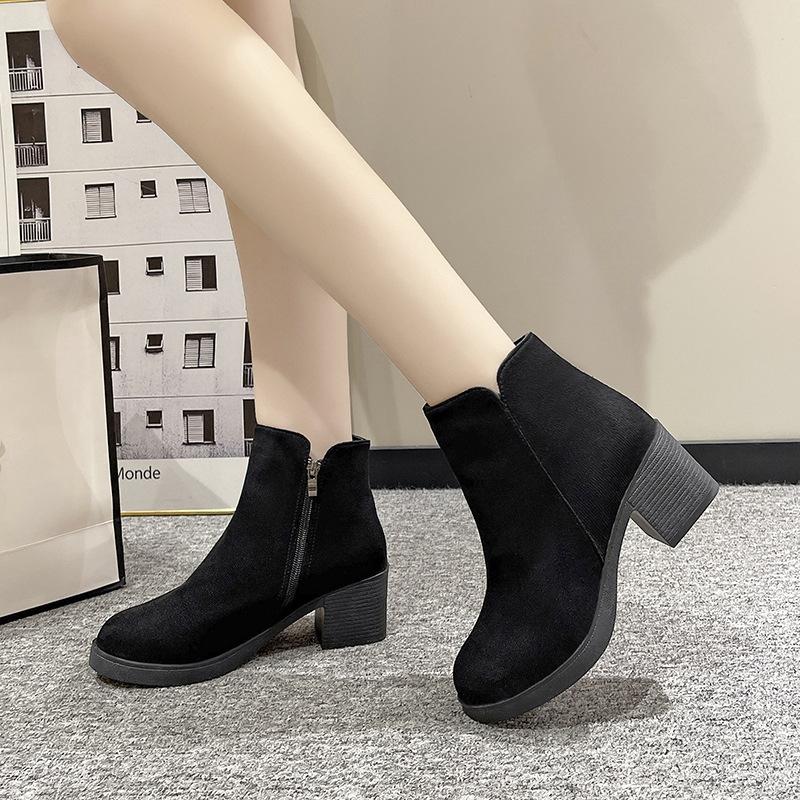 Thick-soled high-heeled zipper versatile women's autumn and winter matte thick-heeled fashion boots, velvet short boots