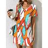Fashionable Women's Summer Dress Colorful Geometric Plaid Print V-Neck Short Sleeve Casual Dress