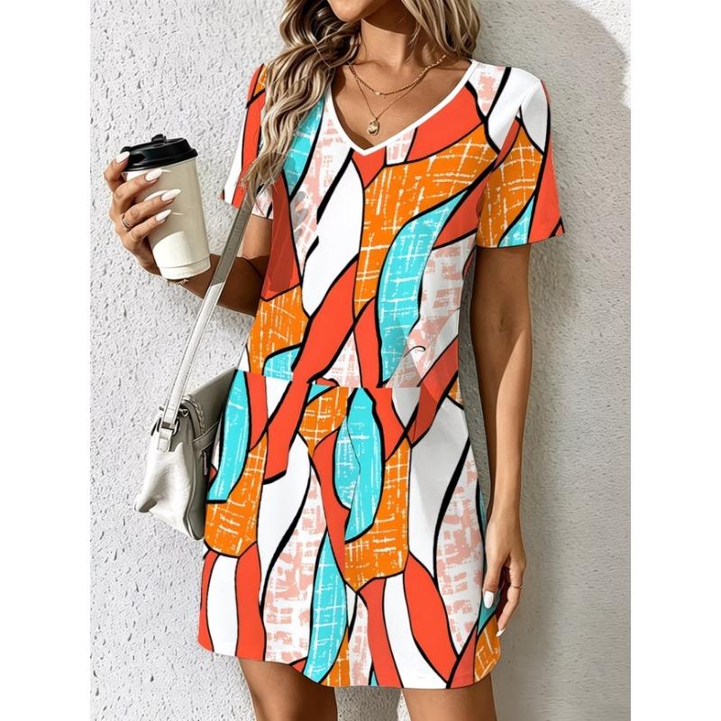 Fashionable Women's Summer Dress Colorful Geometric Plaid Print V-Neck Short Sleeve Casual Dress
