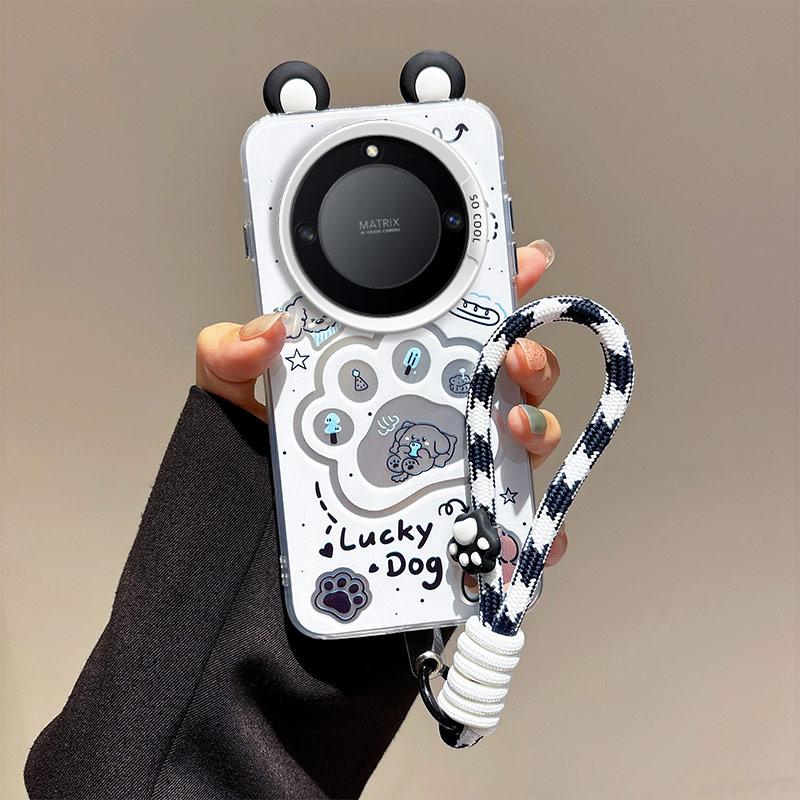 KEYSION Cute Ear Cartoon Case for HONOR X9A 5G with Lanyard Soft Silicone+PC Shockproof Phone Cover for Huawei Magic 5 Lite 5G