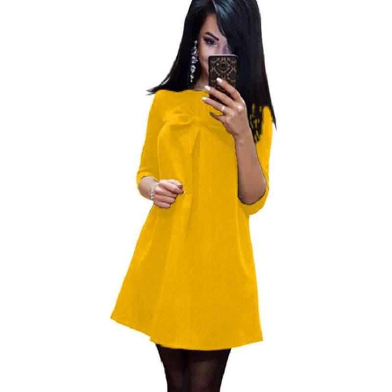 Elegant Cotton Blend Solid Color Dress With Sweet Bow Design For Stylish Commuters