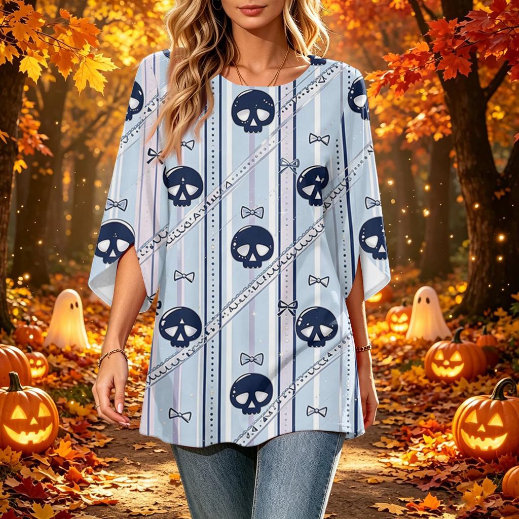 Women's Halloween Print Casual Top, Round Neck, Three-Quarter Sleeve, Loose Fit