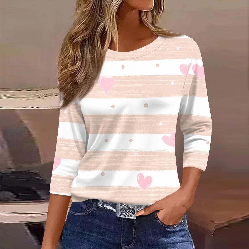 Damen Modisches Lässiges Dreiviertelarm Bedrucktes Rundhals-Top