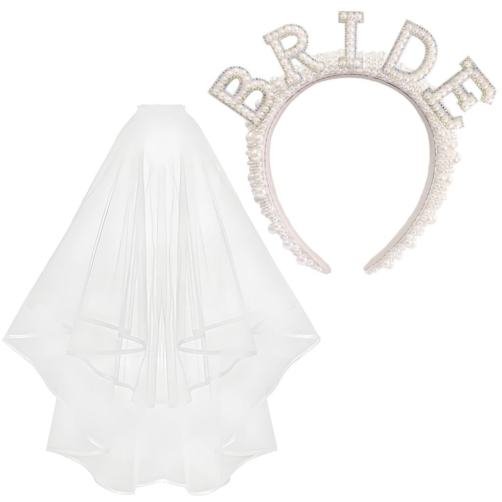 2026 Fashion Bride Bachelor Party, Bride Pearl Crystal Shoulder Strap Veil Headband Ribbon