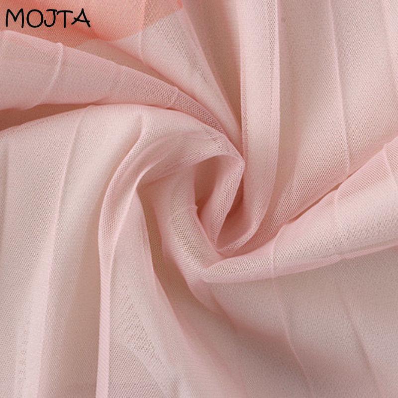 MOJTA Mid-length Skirt Spring Summer Women's Elastic High Waist Skirt A-line Pleated Mesh Contrast StripesSkirt