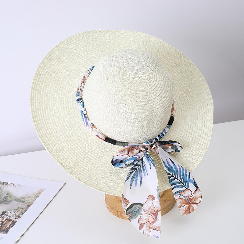 New Women's Summer UV Protection Sweet Ribbon Seaside Vacation Sunshade Bucket Hat Bow Large Brim Straw Hat