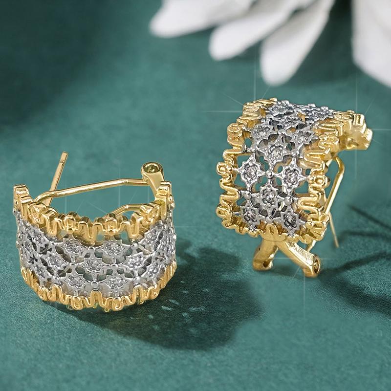 Huitan Hollow Design Luxury Women Hoop Earrings for Party Fashion Two Tone Inlaid Shiny CZ Delicate Symmetric Wedding Jewelry