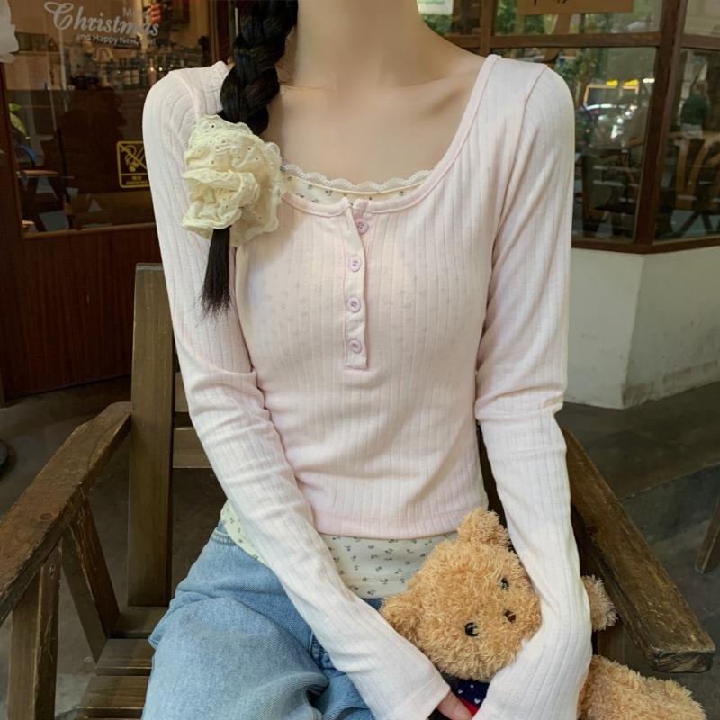 Lace collar floral splicing fake two-piece top spring slim-fitting sweet and spicy inner bottoming shirt long-sleeved shirt women