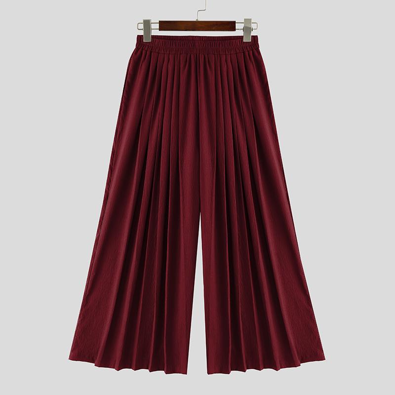 

INCERUN Мужские брюки с эластичной талией, оборками, плиссировкой, повседневные, с широкими штанинами, с карманами 3XL вино красного