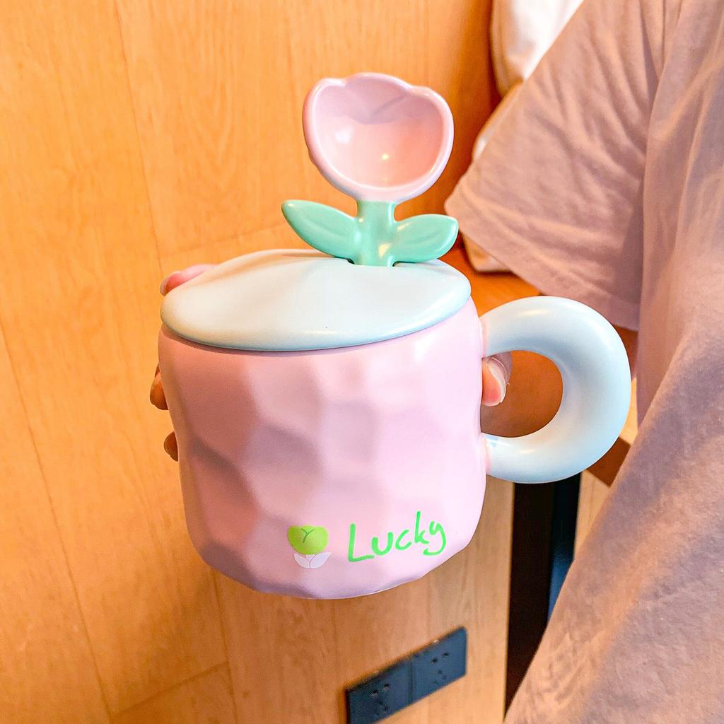 Tulpenbecher mit Deckel Löffel mit Hohem Aussehen und Niedlicher Heim Büro Mädchen Keramik Trinkbecher Souvenir