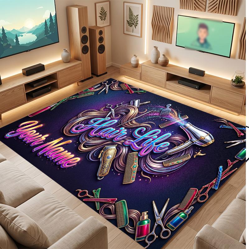 Barber Salon Theme Soft Crystal Velvet Rug Custom Name & Text Print Non Slip Floor Rug for Bedroom Living Room