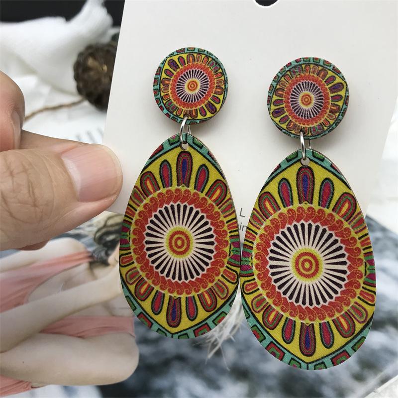 Earrings: African Retro Ethnic Style Sunflower Wooden Long Bohemian Travel Beach