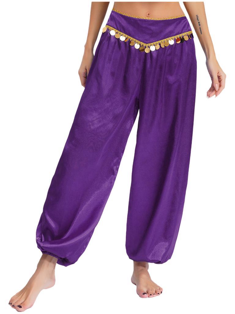 S-XXL Womens Belly Dance Outfit V Neck Short Sleeve Gold Trim Crop Top and Sequin Tassel Long Pants 2-piece Set for India Dance Folk Dance