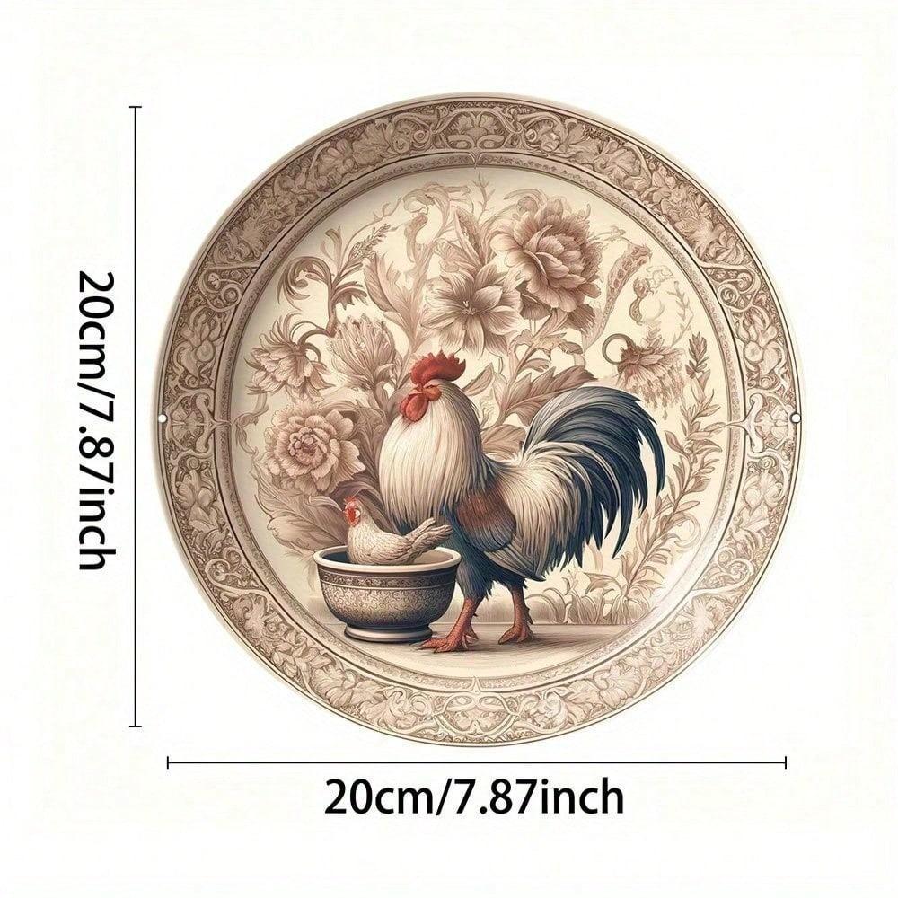 Metal Rooster Sign 8x8 Inch Vintage Wall Art, 2D Aluminum Farmhouse Decor, Retro Tin Plaque for Kitchen