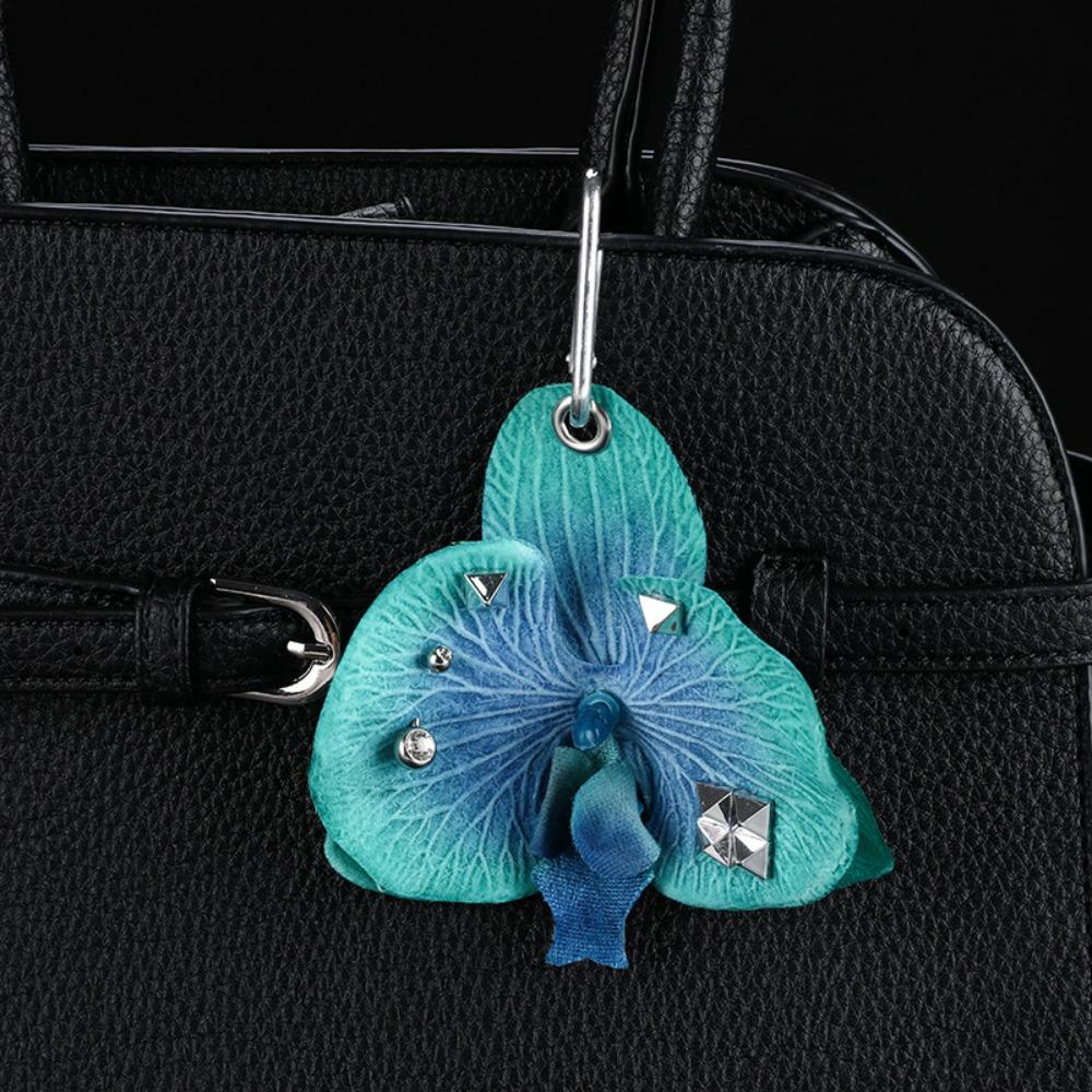 Leaves Phalaenopsis Orchid Keychain Puncture Rivet Bag Pendant Women Girls