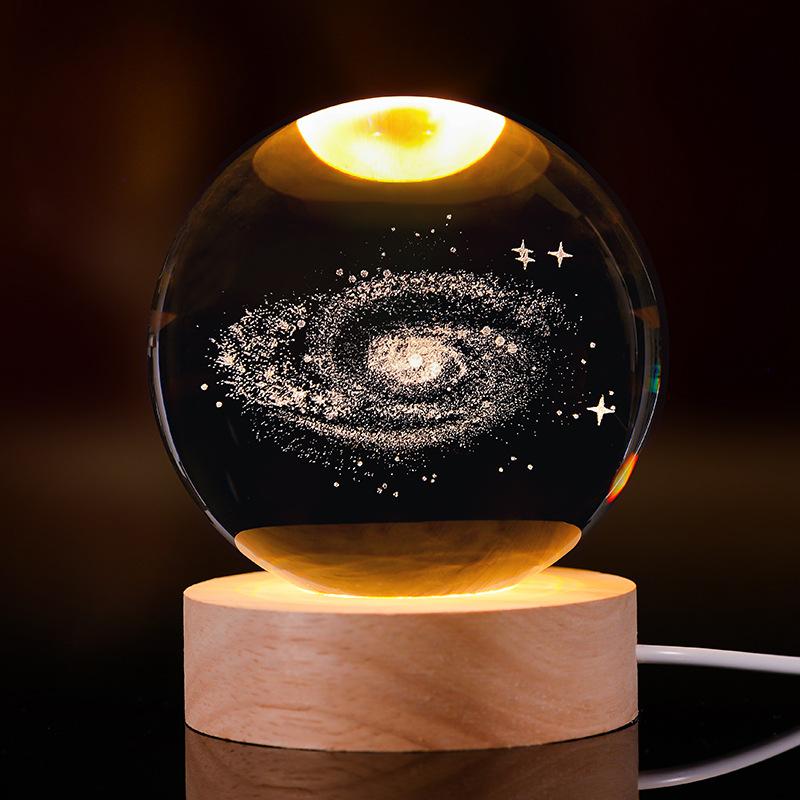 Crystal Ball Night Light 3D Carved Starry Sky Solid Wood Base Soft Bedside Lamp for Bedroom Decor Gift