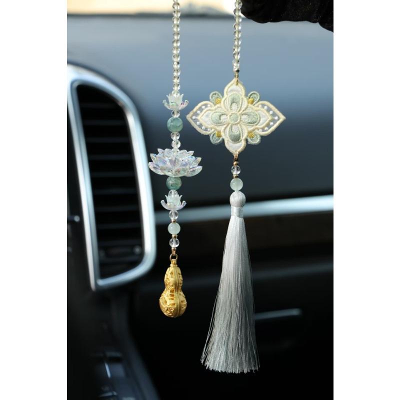 Embroidered Lotus Good Luck Gourd Tassel Car Hanging Ornament