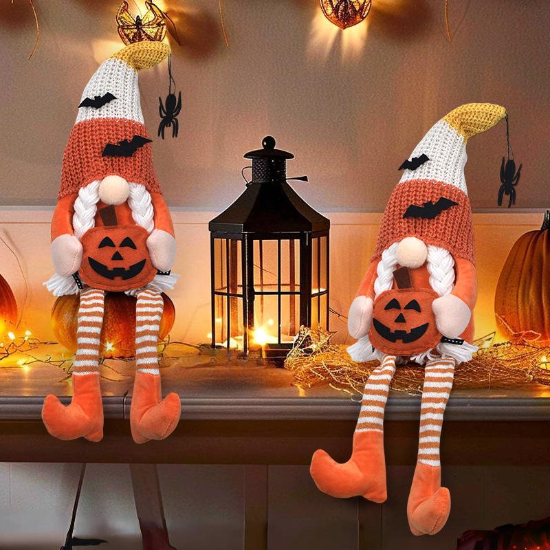 Halloween Long Legs Faceless Doll Dwarf Broom Goblin Doll Creative Ornament Sharp Trick or Treat Hat Plush Gift