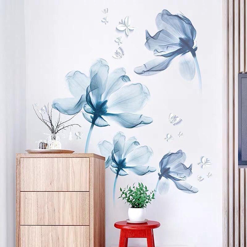 3D Blue Romantic Flower Wall Sticker Removable Self Adhesive Wallpaper for Bedroom Home Decor Decorative Background