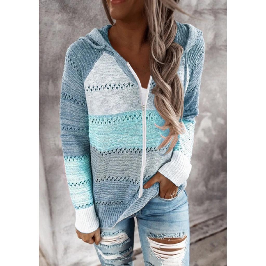 Women's Casual Striped V-Neck Hollow Long Sleeve Zipper Hooded Sweater Clothes Sale