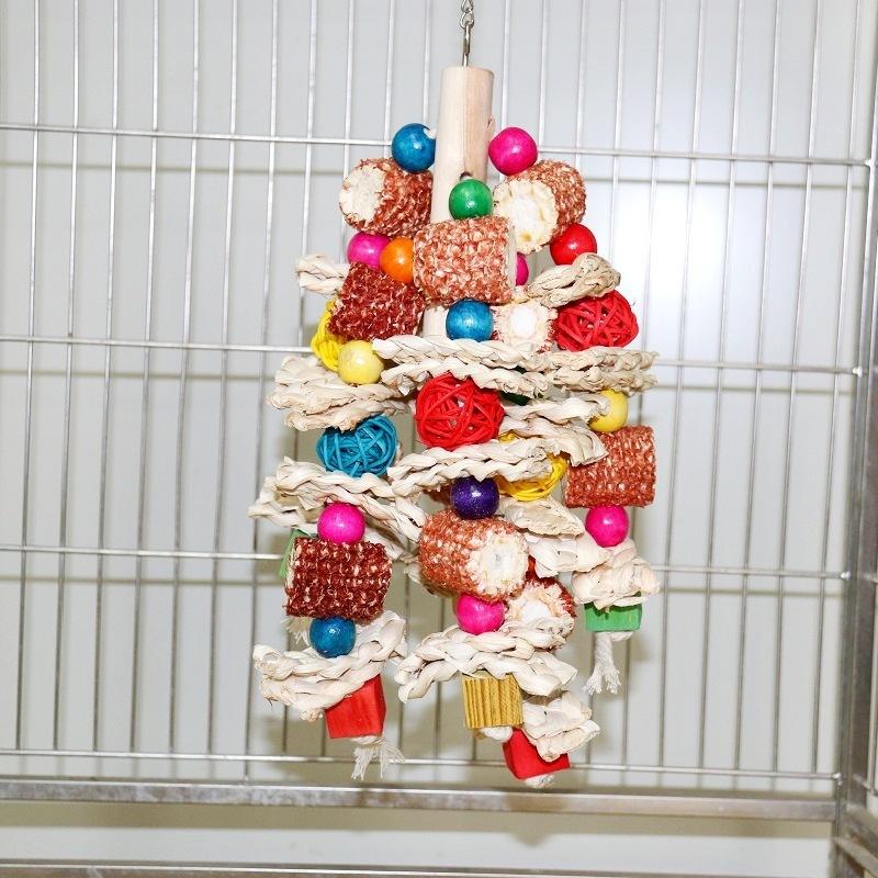 Parrot Toy Large Bite Parrot Bite Toy Vine Ball Bird Toy Colorful Wood Blocks Corn Crust Corn Cob Vine Ball
