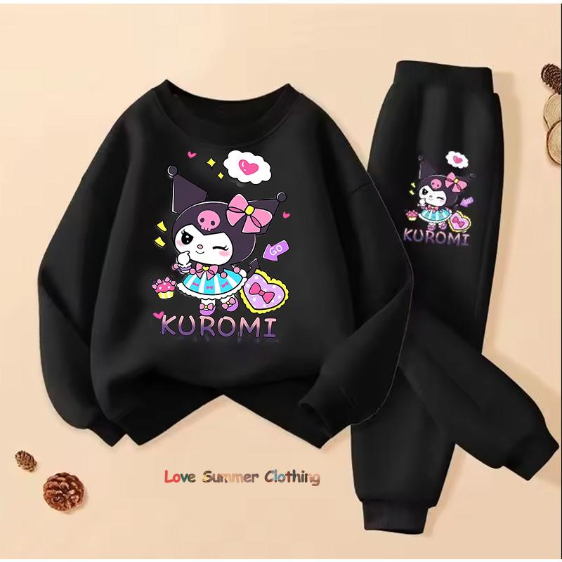 Sanrio Spring Autumn Kuromi Children Clothing Sets Cartoon Kuromi Print Girls Sweatshirt 2pcs Suit Thin Kids Tracksuit